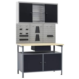 vidaXL Banco De Trabajo Con Tres Paneles De Pared Y Un Armario