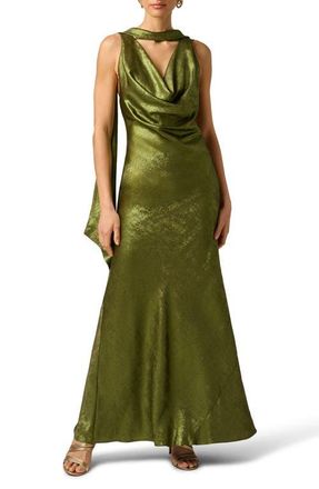 Adrianna Papell Drape Foil Chiffon Sleeveless Gown in Dark Olive at Nordstrom, Size 10