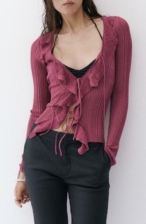 Mango Ruffle Rib Tie Front Cardigan in Wine at Nordstrom, Size X-Small