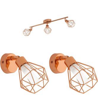 Loops Ceiling Spot Light & 2x Matching Wall Lights Copper Geometric Wire Cage Shade
