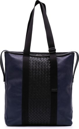 Bottega Veneta Pre-owned Womens Woven Panel Leather Tote Bag - Navy - One Size