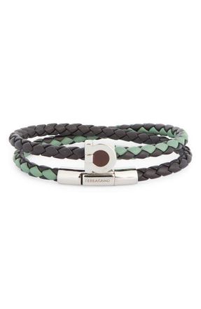 Ferragamo Mens Gancio Braided Leather Wrap Bracelet in Silver/testa Di Moro/seagrass at Nordstrom
