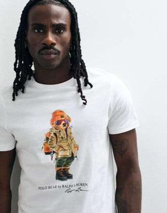 Polo Ralph Lauren T-shirt in maglia slim fit con stampa orso bianca-Bianco