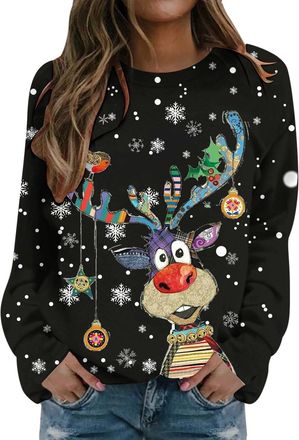 Generic Christmas Sweatshirts for Women UK Funny Christmas Jumpers with Reindeer Snowflake Graphic Print Womens Ugly Xmas Sweatshirt Loose Fit Xmas Jumpers Lo