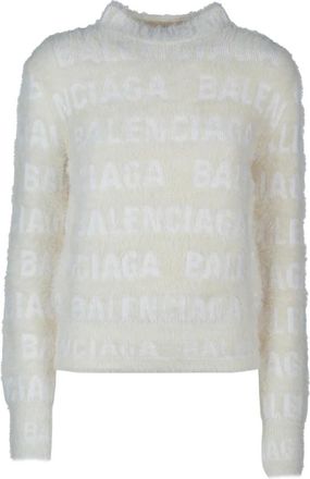 Balenciaga Round-neck Knitwear, female, Beige, Size: S Allover Logo Wool Blend Sweater