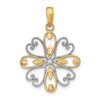 Diamond2Deal 14k Yellow Gold and White Rhodium Beaded Heart Petals Flower Charm Pendant