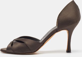 Manolo Blahnik Dark Brown Satin Open Toe Dorsay Pumps