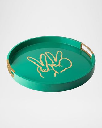 Hunt Slonem Bunny Lacquer Drinks Tray with Brass Handles