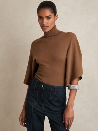 Reiss Tan Merino Wool Batwing Roll-neck Jumper, XS