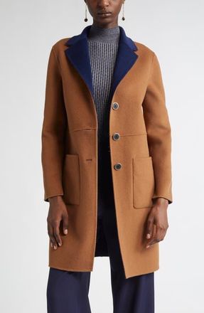 St. John Two-Tone Double Face Wool & Cashmere Coat in Cognac/Navy at Nordstrom, Size X-Large