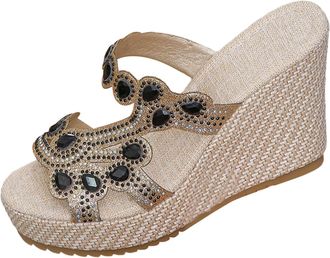 Generic Womens Mules with Heel, Wedge Sandals with Rhinestones, Platform Sandals, High Heels, Pumps, Peep Toe Slippers, Summer Shoes, Glitter Slippers, Slides