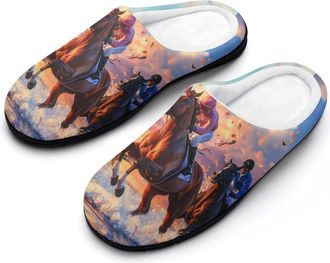 Generic Jockeys Racing Horses Butterfly Mens House Slippers Memory Foam Washable Cotton Slip on Home Shoes