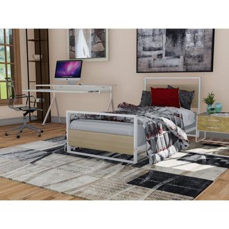 East West Furniture Erie metal bed frame with 4 Metal Legs - Lavish Bed in Powder Coating White Color and White Wood laminate