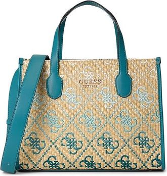 Guess Silvana 2 Compartment Tote Tote Womens Handbags Teal Logo, Raffia
