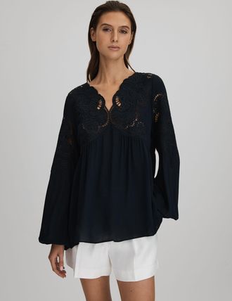 Reiss Navy Lace Cut-out Blouse, 10