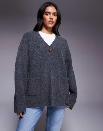 KAIIA Esclusiva Kaiia - Cardigan oversize in maglia grigio antracite con bottoni dorati taglio lungo