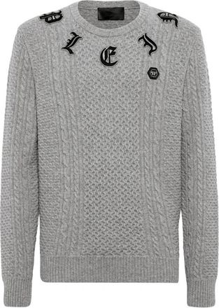 Philipp Plein Pullover Ronde Hals Monogram - Heren - Ronde hals truien - Grijs - S - Wol - Truien & Vesten
