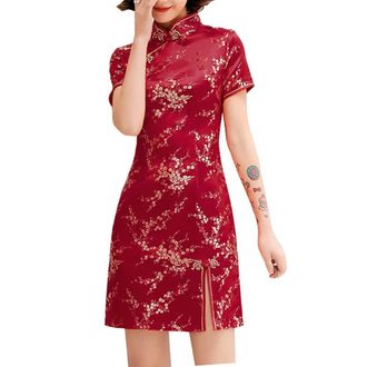Generic Cheongsam Costume Short Sleeve Side Slit Floral Print Mandarin Collar Vintage Chinese Evening Mini Bodycon Cocktail Outfit, 145-3-wine Red, L