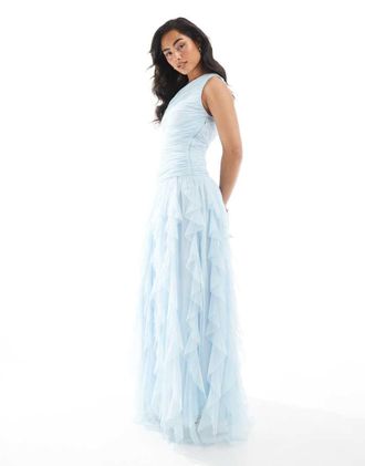 Lace & Beads Bridesmaid one shoulder waterfall ruffle maxi dress in powder blue