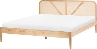 Beliani Cama De Madera Estilo Retro Cabecero Rat&aacute;n 180 X 200 Cm Somier De Listones Marr&oacute;n Claro Belleme