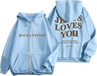 Generic Ladies Zip up Hoodies Jesus Loves You Hoodie Christian Faith Religious God Tops Woman Pullover Sweatshirt Longsleeve 2024 Fall And Winter