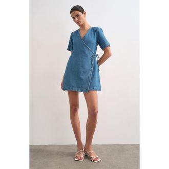 Topshop Denim Wrap Minidress in Blue at Nordstrom, Size 10 Us