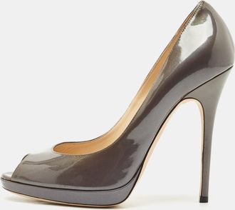 Jimmy Choo London Grey Patent Leather Quiet Peep Toe Pumps