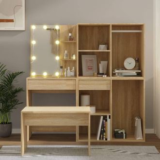 Berkfield Home Dressing Table Set with LED Sonoma Oak Engineered Wood in Brown