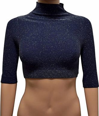 Phat Buddha Women Mock Neck Glitter Crop Top In Navy