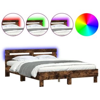 Berkfield Home Bed Frame with LED without Mattress Smoked Oak 140x200 cm in Brown