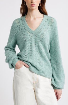 Treasure & Bond Oversize Pointelle V-Neck Sweater in Green Milieu at Nordstrom, Size Xx-Small