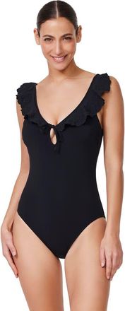 Gottex Bachelorette V-Neck Ruffle One Piece in Black at Nordstrom, Size 16