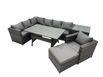 Fimous Outdoor PE Rattan Sofa Set with with Chair Big Stool Side Table in Dark Grey