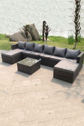 Fimous 8 Seater Lounge Wicker Rattan Sofa Set Footstools Table in Dark Grey