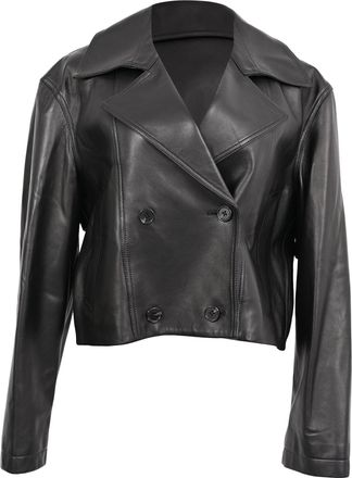 Theory Double-Breasted Cropped Jacket in Black Lamb Leather