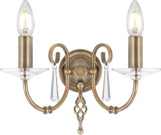 Loops Twin Wall Light 2 Cut Glass Droplets Swirl Finial Aged Brass LED E14 60W