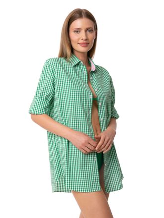 MC2 Saint Barth Green Gingham Cotton Shirt With Embroidery