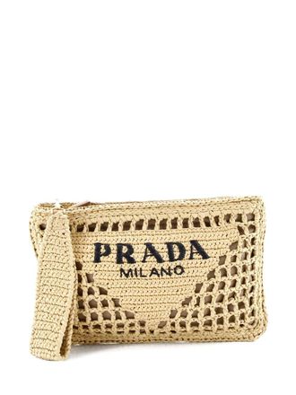 Prada Triangle Logo Zip Raffia clutch bag - Neutrals