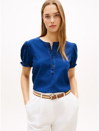 Tommy Hilfiger Womens Lightweight Denim Shirred Pullover Shirt - Blue - XXL