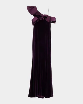 Teri Jon One-Shoulder Ruffle Velvet Gown