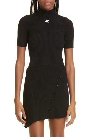 Courrèges Embroidered Logo Mock Neck Rib Sweater in Black at Nordstrom, Size Xx-Large