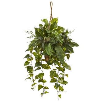 Nearly Natural Mixed Pothos and Boston Artificial Fern in Hanging Basket in Green at Nordstrom