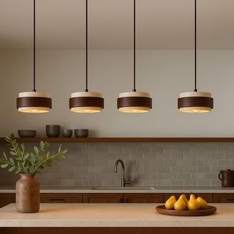 Concept Usine L&aacute;mpara de dise&ntilde;o con 4 colgantes en travertino y madera efecto nogal