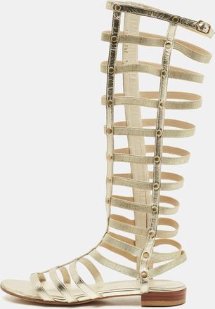 Stuart Weitzman Metallic Gold Leather And Elastic Gladiator Flat Sandals