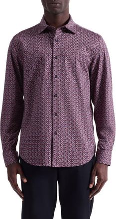 Bugatchi Jimmy OoohCotton Geo Print Button-Up Shirt in Mahogany at Nordstrom, Size Xx-Large