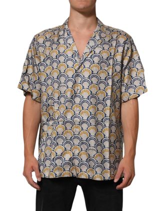 Dolce & Gabbana Cream Cotton Silk Hawaii Scallop Shell Print Mens Shirt