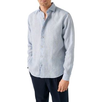 Eton Regular Fit Bengal Stripe Linen Dress Shirt in Light Blue at Nordstrom, Size Xx-Large