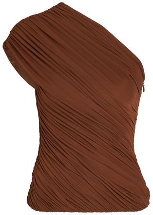 Ronny Kobo Camina Asymmetric Ruched Stretch-mesh top - Brown - S (UK8-10 / S)