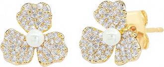 Tai Jewelry Womens Triple Petal Pave And Pearl Studs In Gold