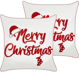 Beliani Beliani - Conjunto De 2 Cojines De Tela De Algod&oacute;n Con Motivo Navide&ntilde;o Rojo Y Blanco 45 X 45 Cm Pizzelle